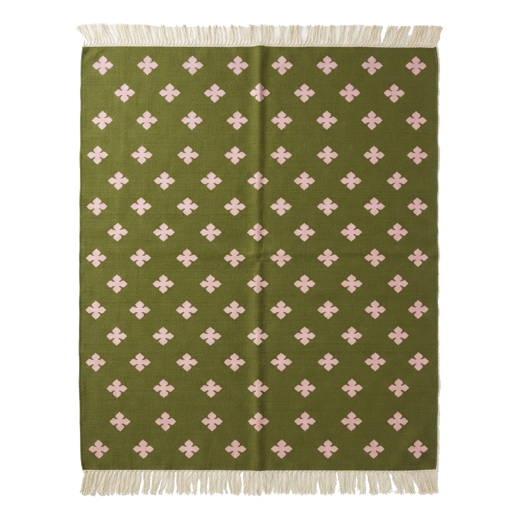 Olive Green Cotton Flat Weave Rug with Cream Cross Motifs