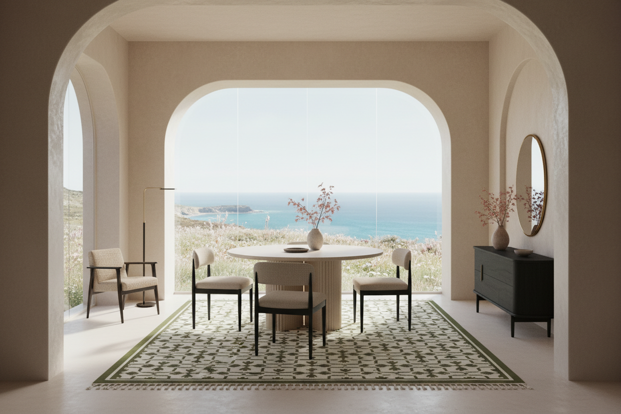 A styled interior dining room with a round white table, four beige upholstered chairs, a patterned rug, and a large arched window overlooking the ocean.