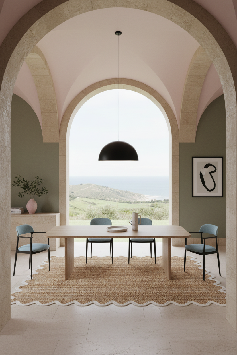 A modern dining room framed by a large stone archway, featuring a light wood dining table, four blue upholstered chairs, a black dome pendant light, and a textured beige rug. Through the arch, a scenic coastal landscape is visible under a pale pink and beige arched ceiling.