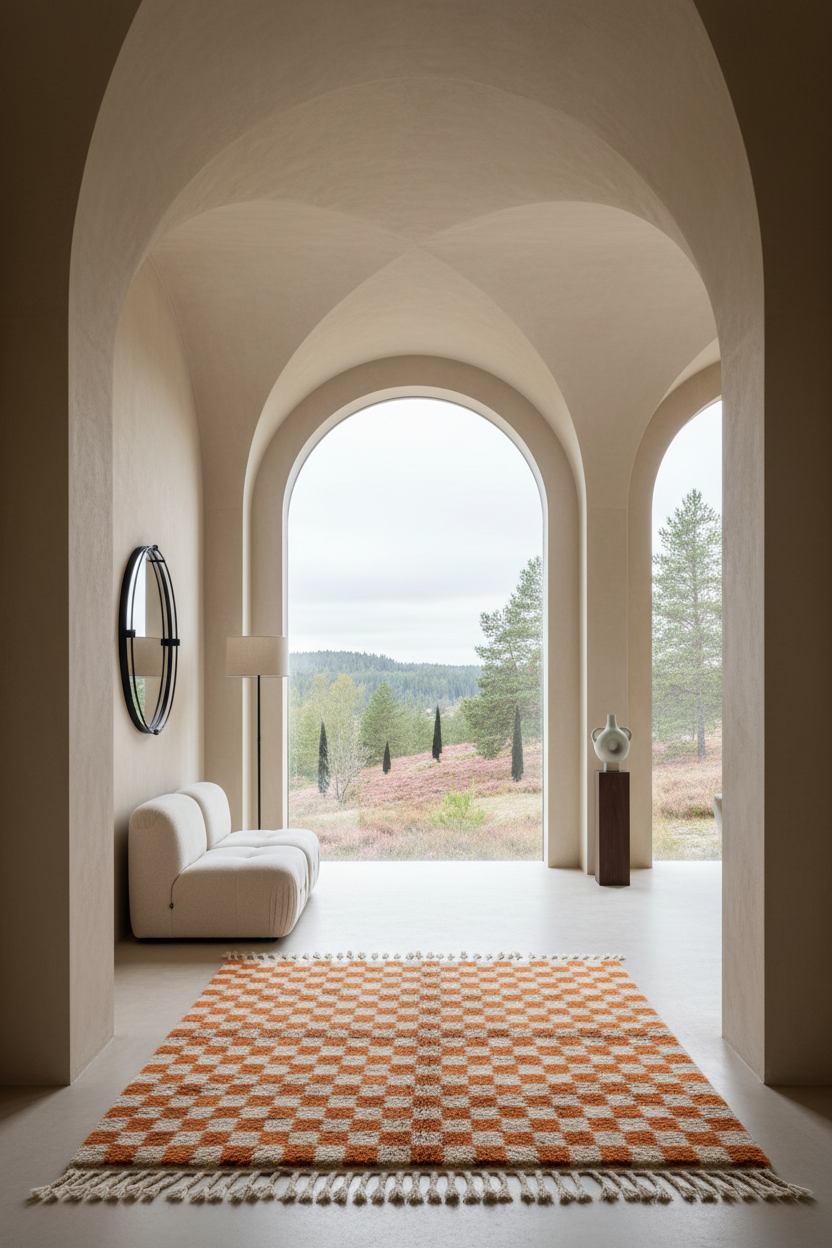 Rust and Cream Checkerboard Moroccan Shag Rug