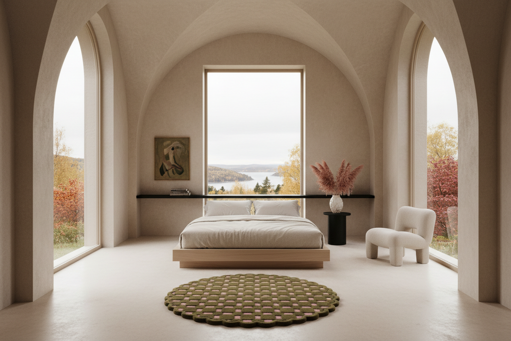 A minimalist bedroom interior with a low platform bed, white bedding, a round textured rug, a white chair, and large arched windows looking out onto a lake and autumn trees.