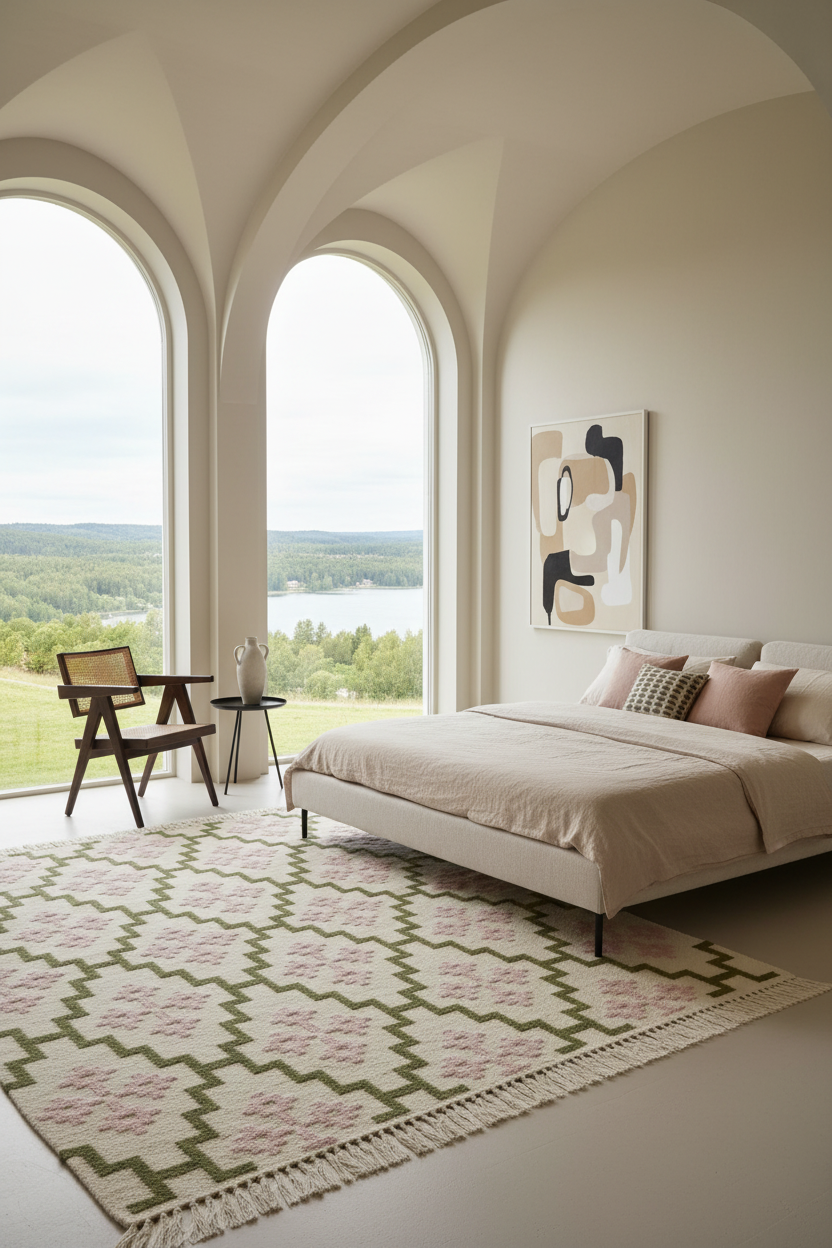 A styled bedroom interior with a low bed dressed in light beige bedding, a large patterned rug in cream, sage green, and blush pink, two tall arched windows showing a lake landscape, and a wooden chair beside a small side table.