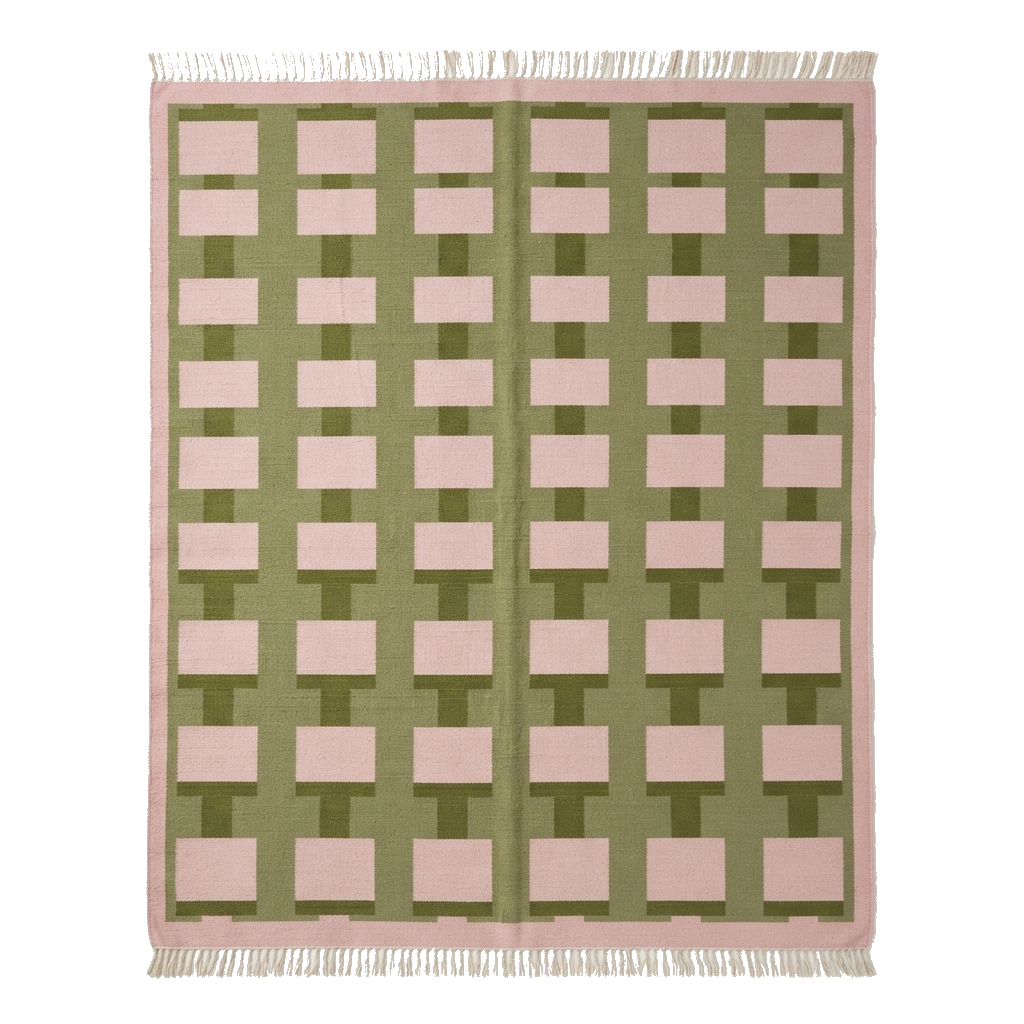 Pink and Olive Green Basketweave Check Cotton Flat Weave Rug