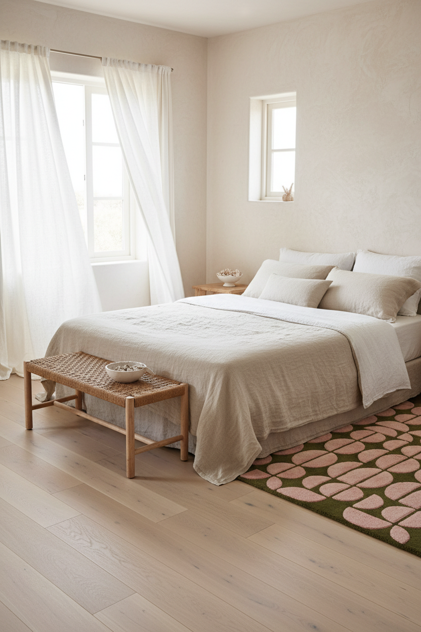 Olive Green Hand-Tufted Rug with Pink Half Moon Pattern