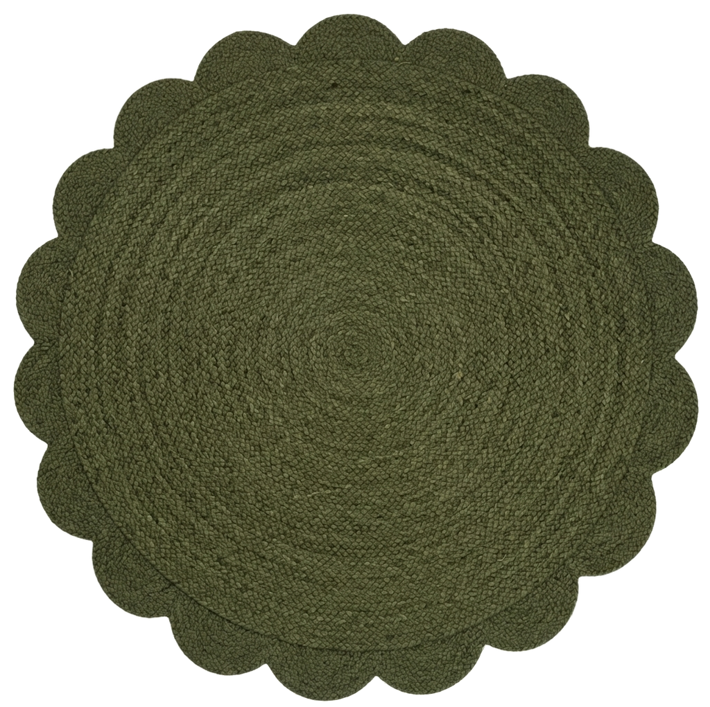 Olive Green Round Braided Jute Rug with Scalloped Edge