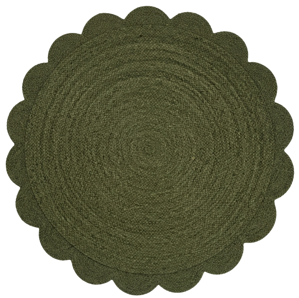 Olive Green Round Braided Jute Rug with Scalloped Edge