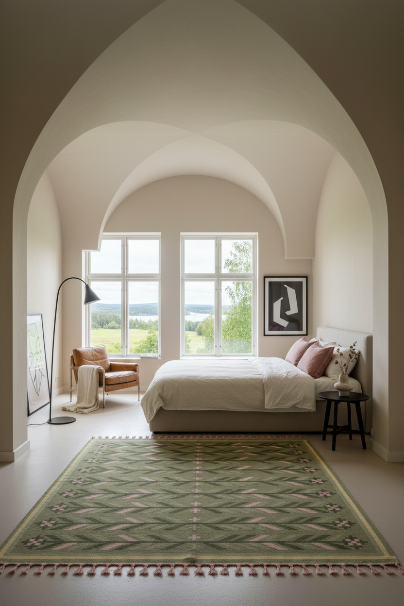 A styled bedroom interior with a large green patterned area rug on the floor, a bed with white bedding, a black floor lamp, and an arched ceiling and windows in the background.