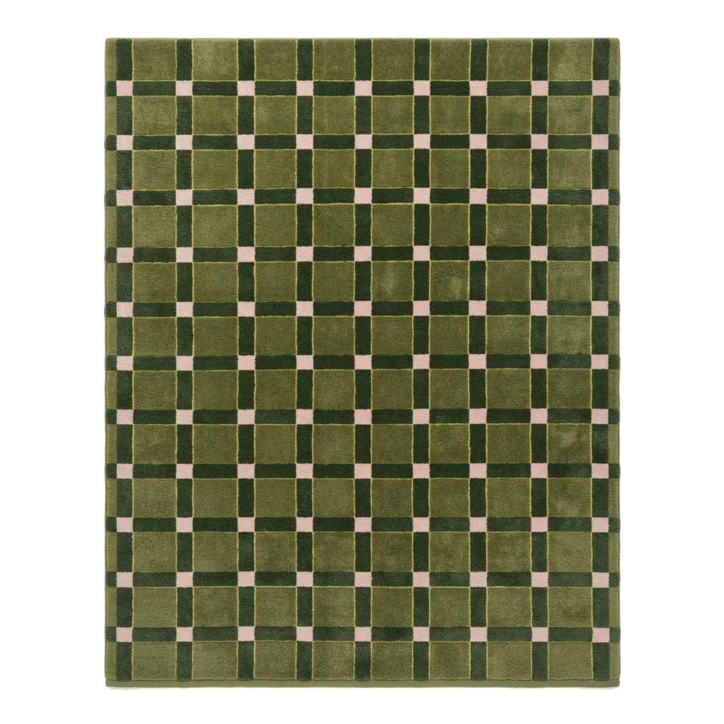 Olive Green Tonal Check Hand-Tufted Rug with Pink Accents