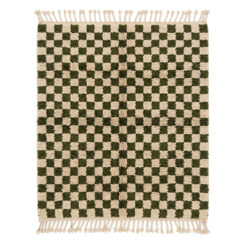 Cream and Dark Olive Checkerboard Moroccan Shag Rug