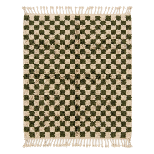 Cream and Dark Olive Checkerboard Moroccan Shag Rug