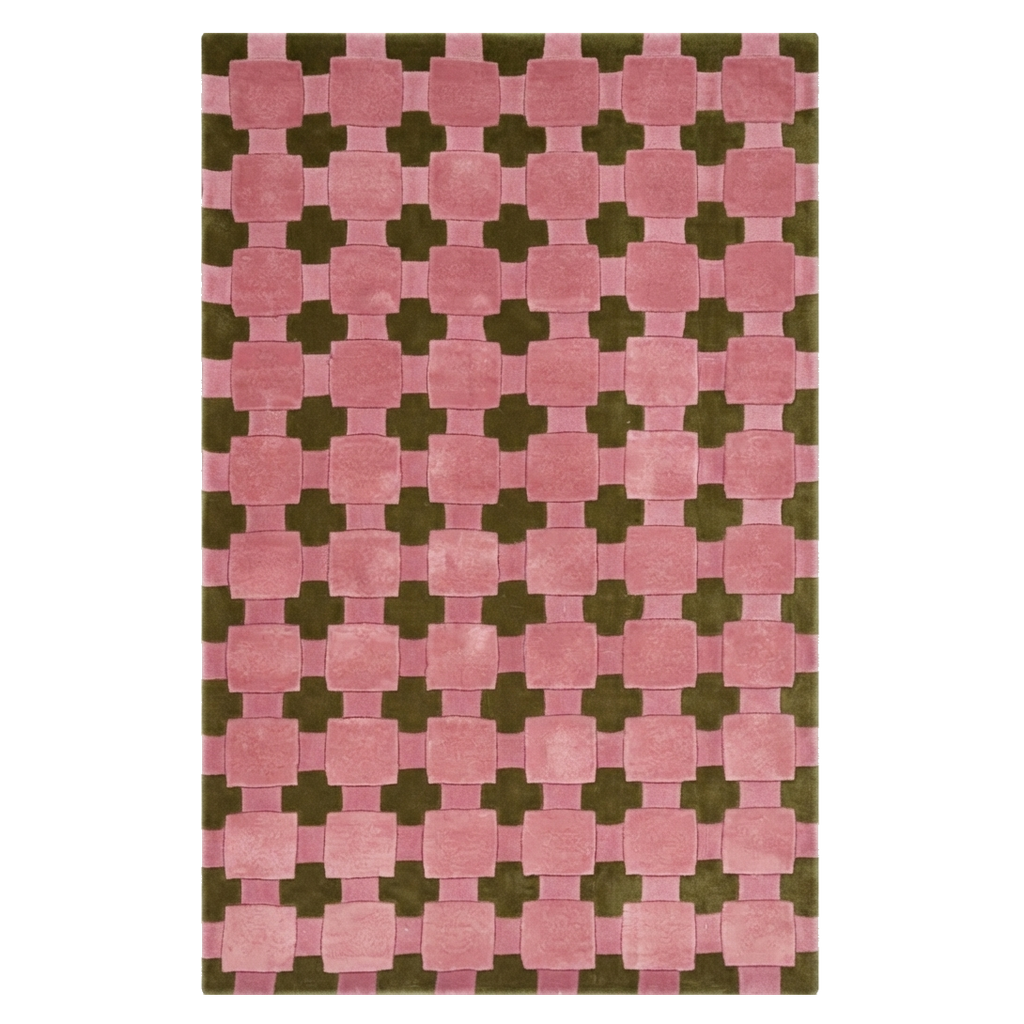Pink Hand-Tufted Rug with Olive Green Cross Motifs