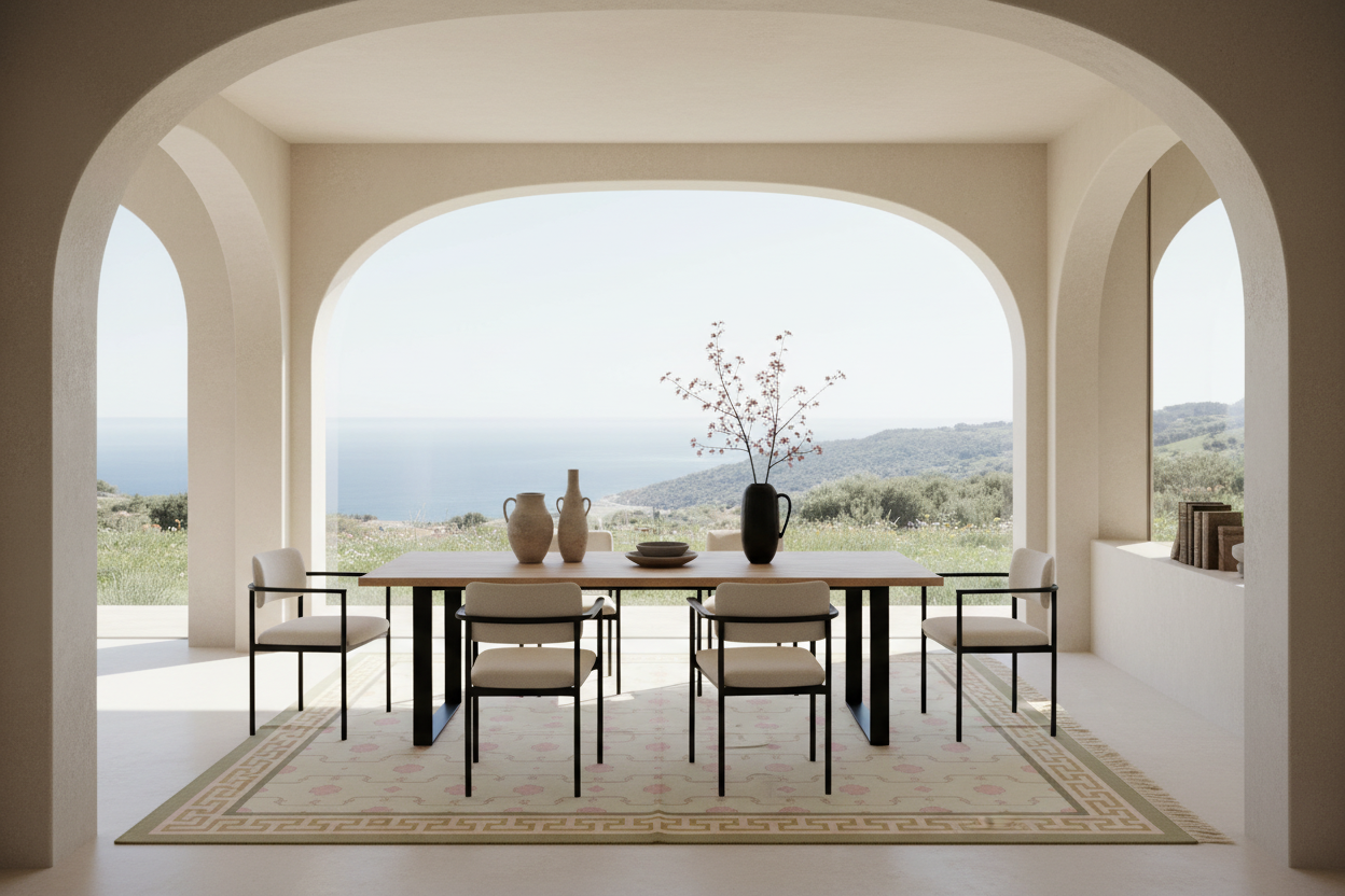 A minimalist dining set consisting of a rectangular light wood table with black metal legs and four matching armchairs with cream upholstery, arranged on a patterned beige rug inside a sunlit room with arches overlooking a sea and mountain landscape.