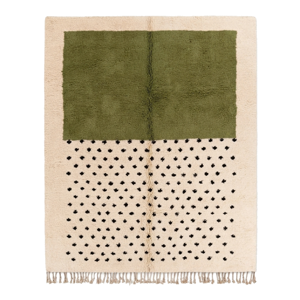 Olive Green and Cream Moroccan Shag Rug with Black Polka Dots