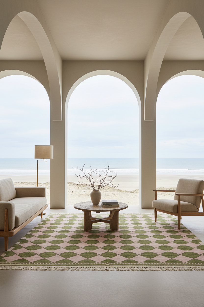 A styled interior scene with a patterned area rug, a round coffee table, a floor lamp, and two upholstered chairs in front of large arched windows overlooking a beach and ocean.