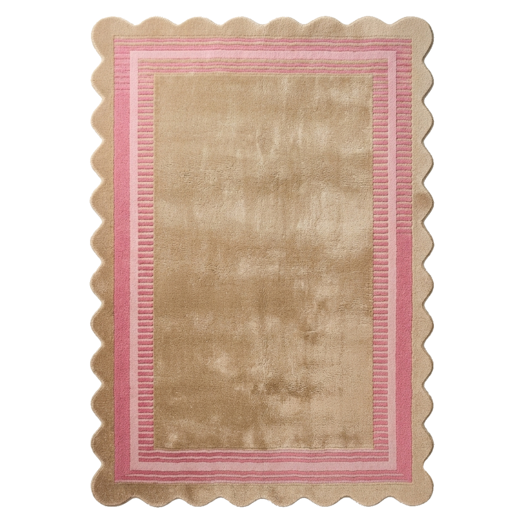 Taupe Hand-Tufted Rug with Pink Scalloped Border