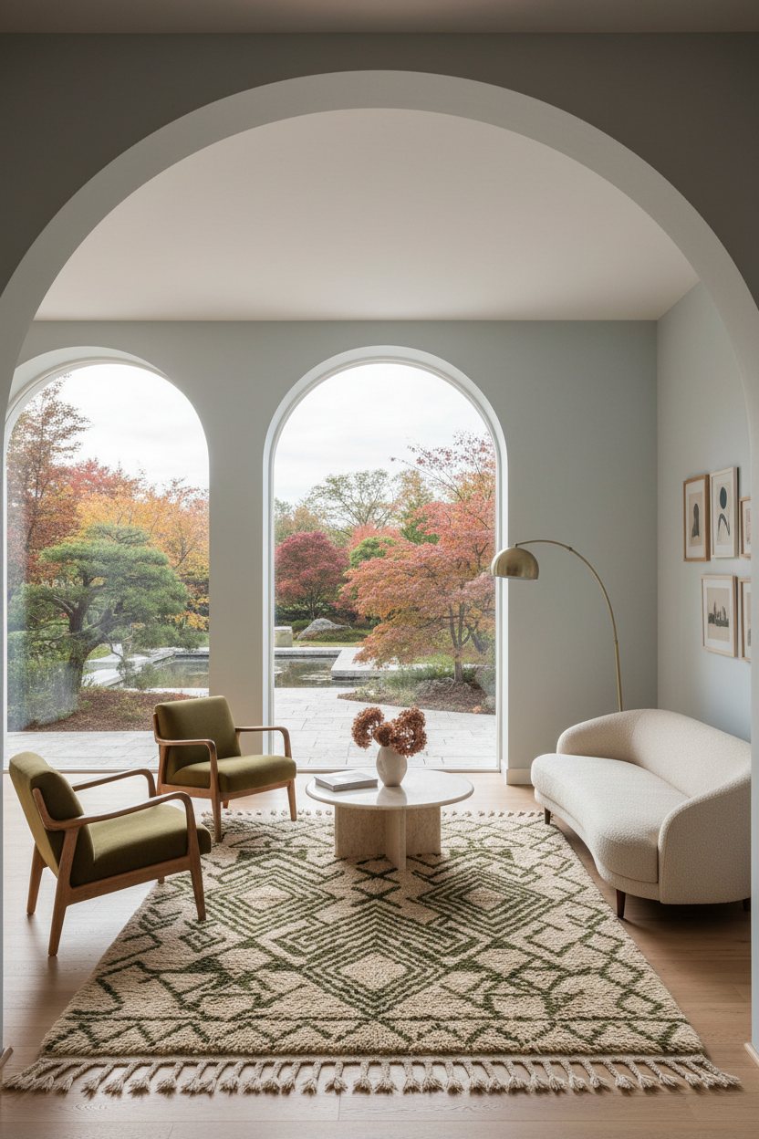 A styled interior room with a large patterned area rug, cream sofa, two green armchairs, and a floor lamp, viewed through a white arched opening toward two arched windows showing an outdoor garden with autumn trees.