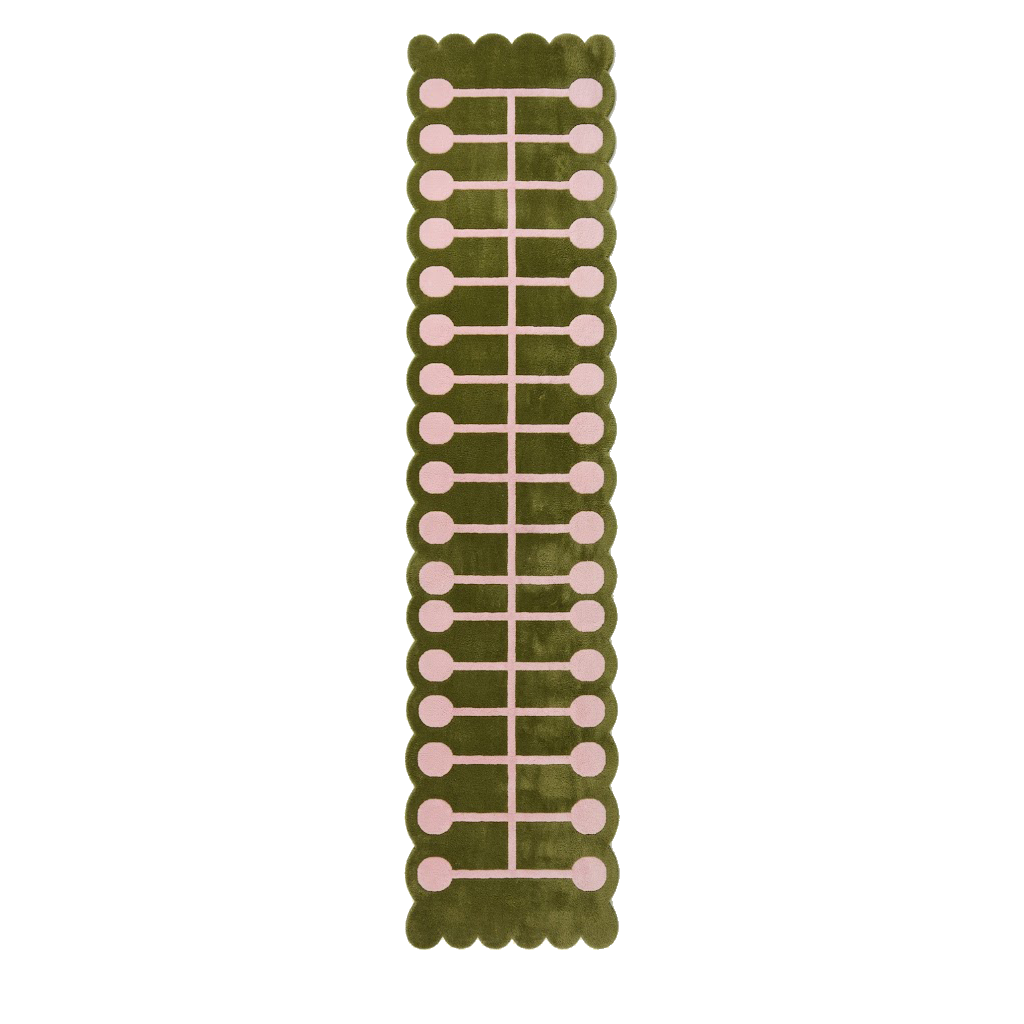 Olive Green Hand-Tufted Runner with Pink Dot Dash Pattern