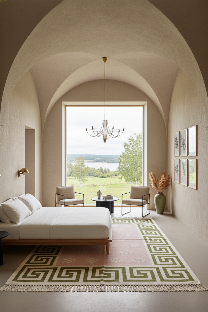 A luxury bedroom interior featuring a large bed with white linens, a patterned rug, a chandelier, and a large arched window looking out onto a green landscape.