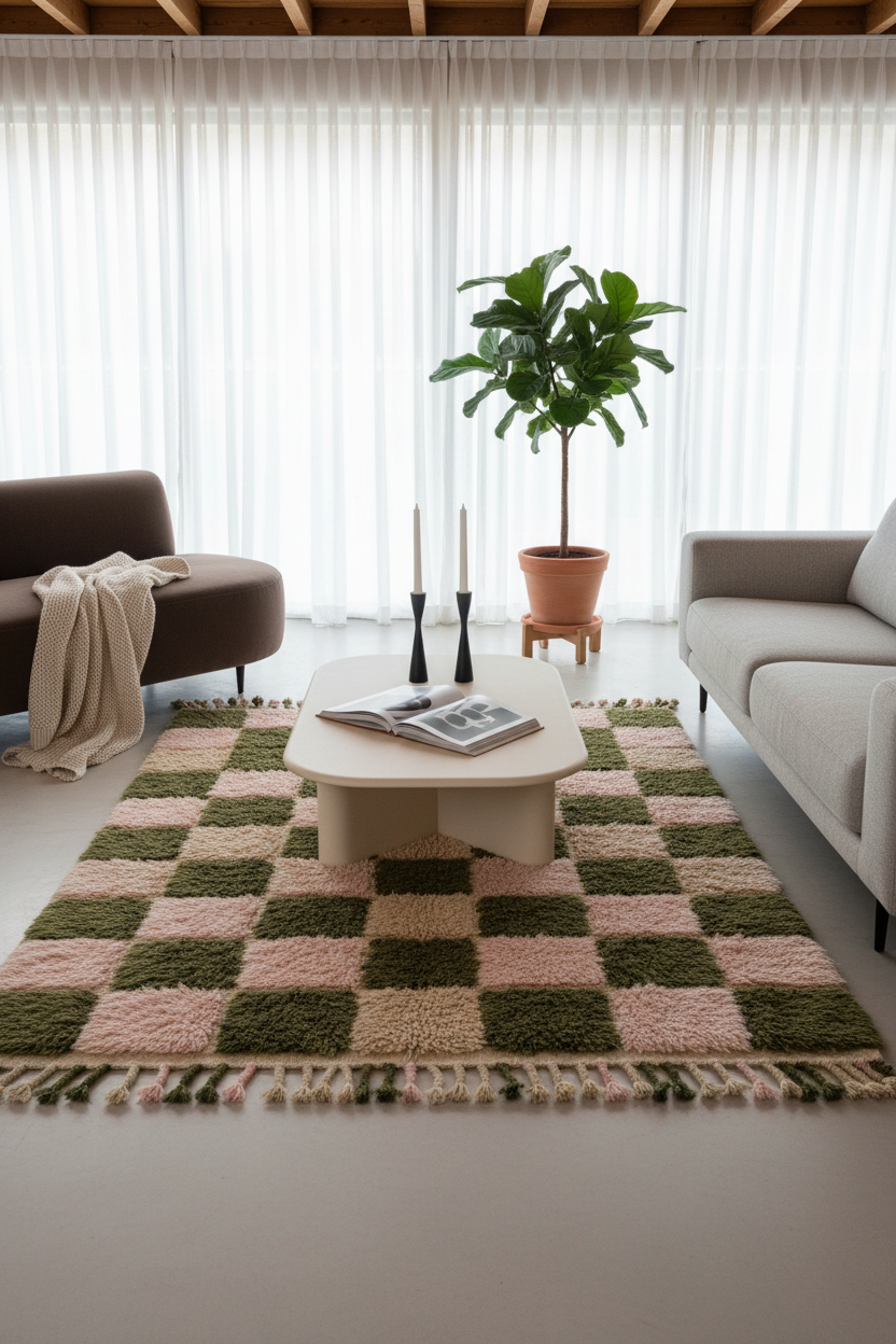 Olive Green and Pink Checkered Patchwork Moroccan Shag Rug
