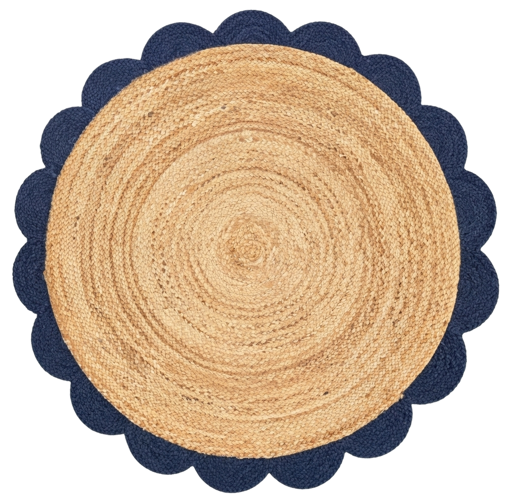 Natural Round Braided Jute Rug with Navy Blue Scalloped Border