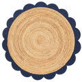 Natural Round Braided Jute Rug with Navy Blue Scalloped Border