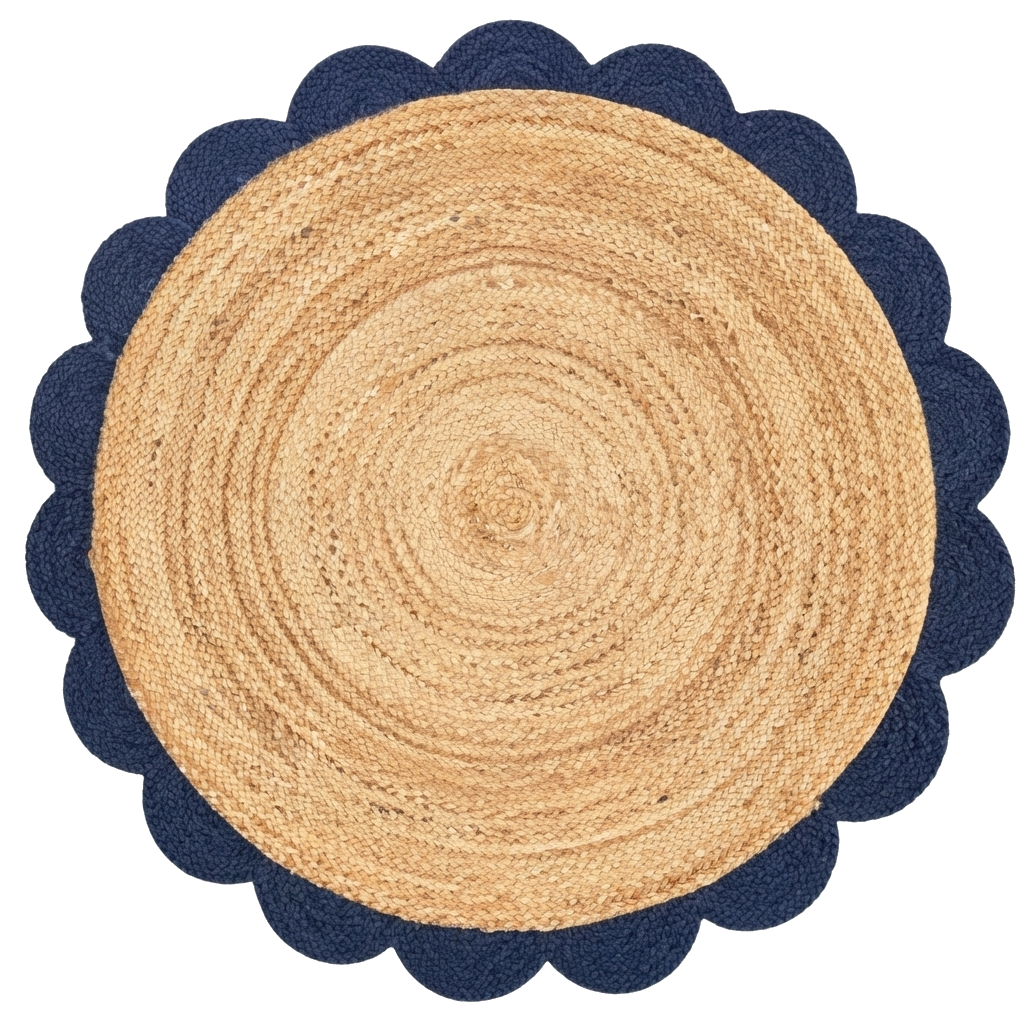 Natural Round Braided Jute Rug with Navy Blue Scalloped Border