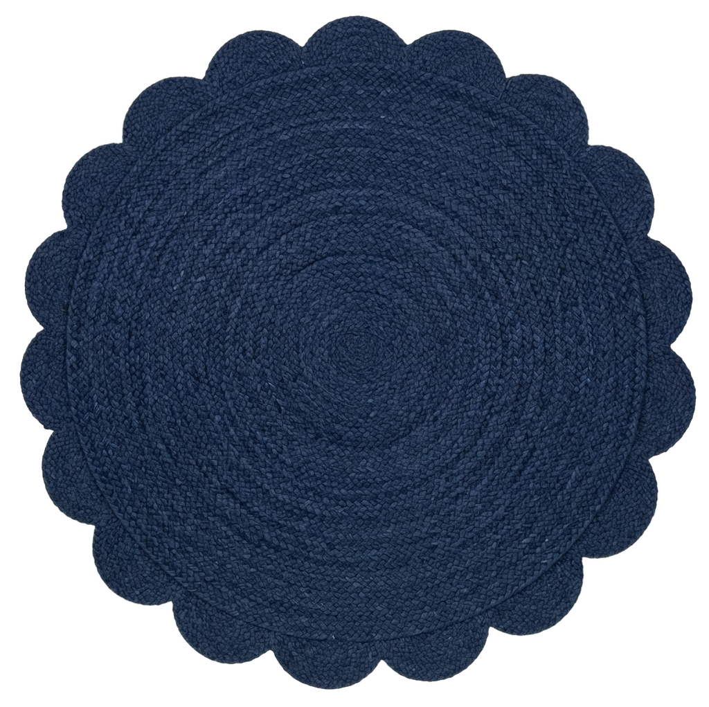 Navy Blue Round Braided Jute Rug with Scalloped Edge