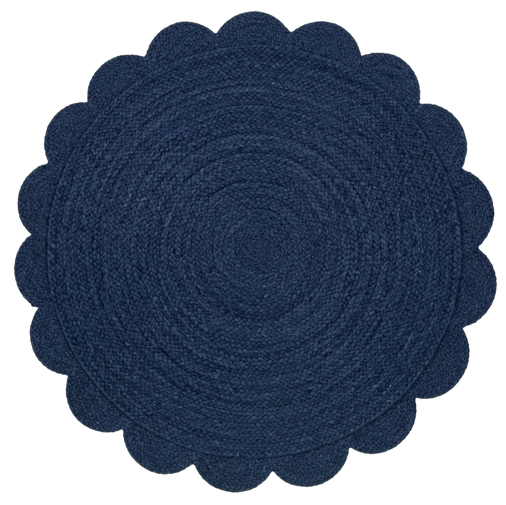 Navy Blue Round Braided Jute Rug with Scalloped Edge