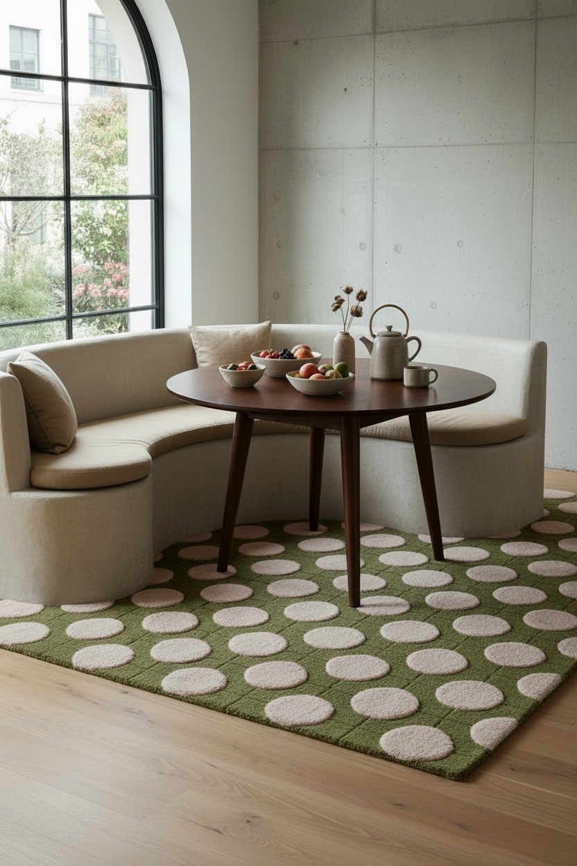 Olive Green Hand-Tufted Rug with Blush Pink Polka Dots