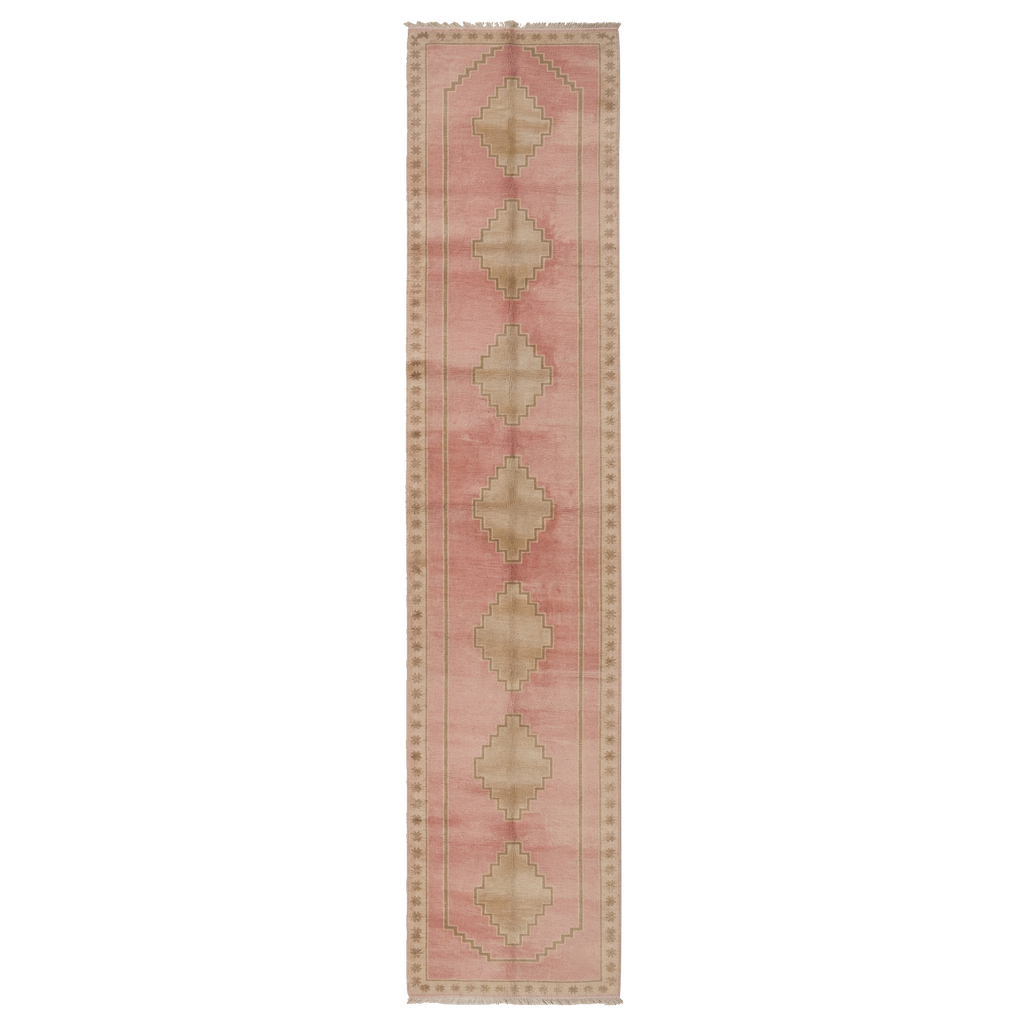Blush Pink Hand-Knotted Runner with Faded Diamond Trellis