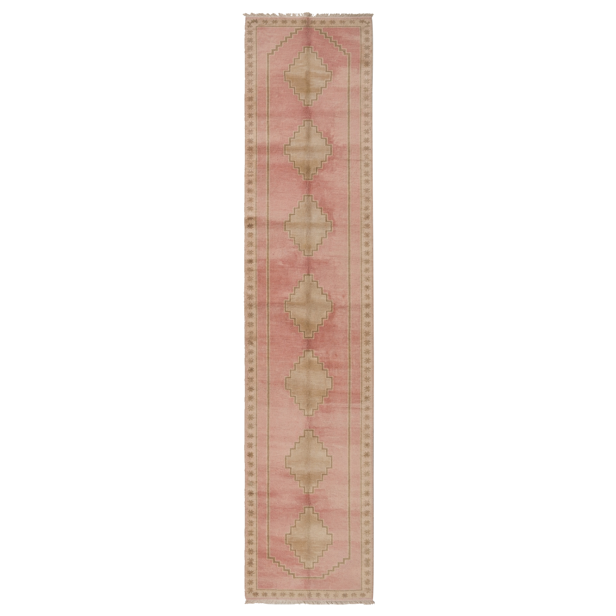 Blush Pink Hand-Knotted Runner with Faded Diamond Trellis