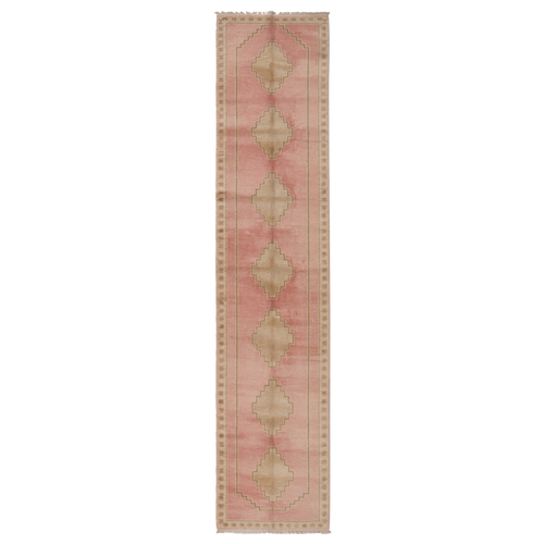 Blush Pink Hand-Knotted Runner with Faded Diamond Trellis