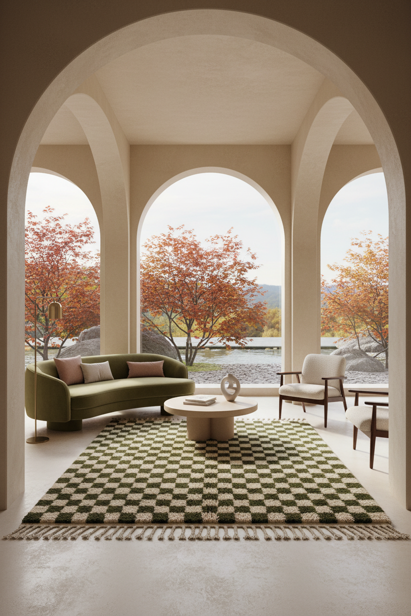 Cream and Dark Olive Checkerboard Moroccan Shag Rug