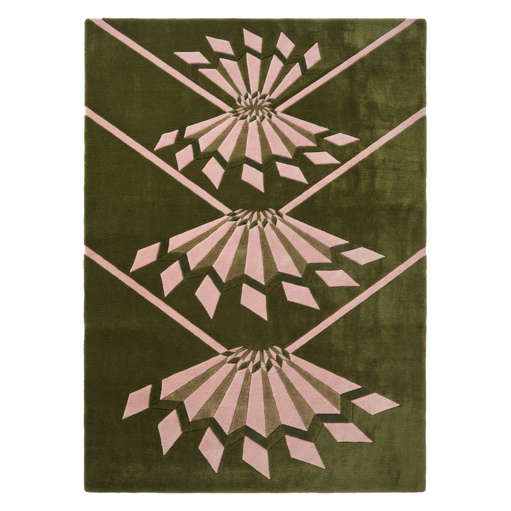Olive Green Hand-Tufted Rug with Pink Art Deco Fans