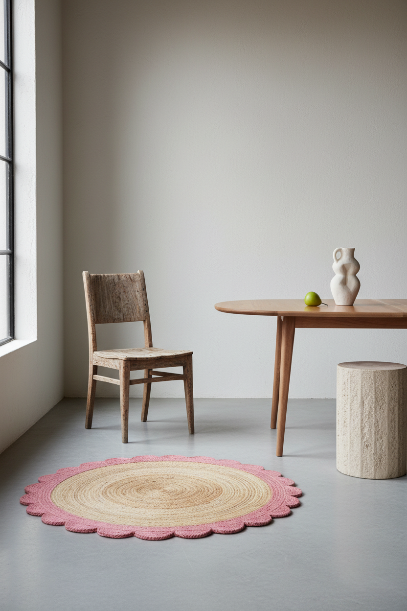 A round woven rug with a scalloped pink edge and natural straw center, styled in a minimalist room with a wooden chair, table, and stool.
