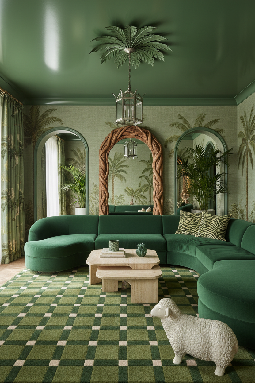 Olive Green Tonal Check Hand-Tufted Rug with Pink Accents