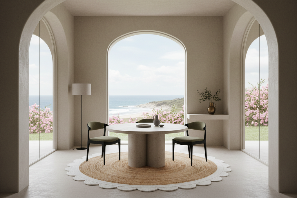 A minimalist dining area with a round pedestal table and two black chairs on a scalloped beige rug, framed by large arched windows overlooking a coastal ocean view.