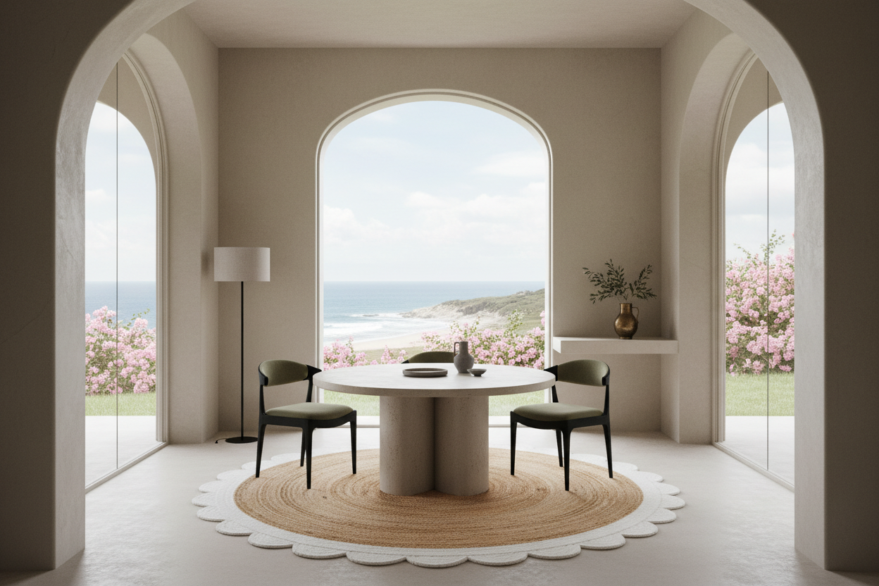A minimalist dining area with a round pedestal table and two black chairs on a scalloped beige rug, framed by large arched windows overlooking a coastal ocean view.