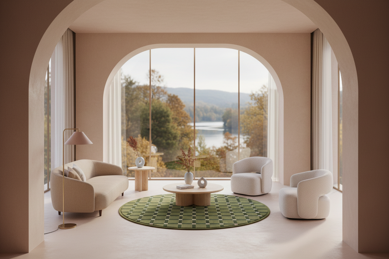 Olive Green Round Hand-Tufted Rug with Pink Windowpane Grid