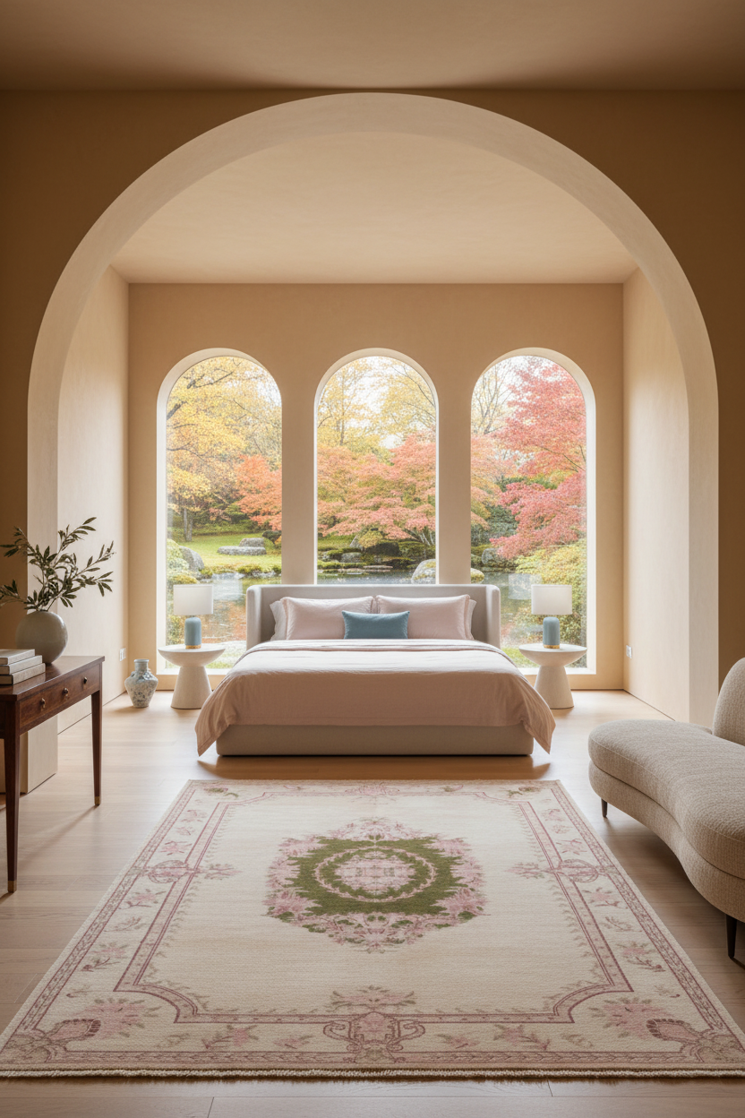 A large cream-colored area rug with a pink and green central medallion pattern, styled in a warm, elegant bedroom with an arched doorway and three arched windows looking out to a colorful autumn garden.