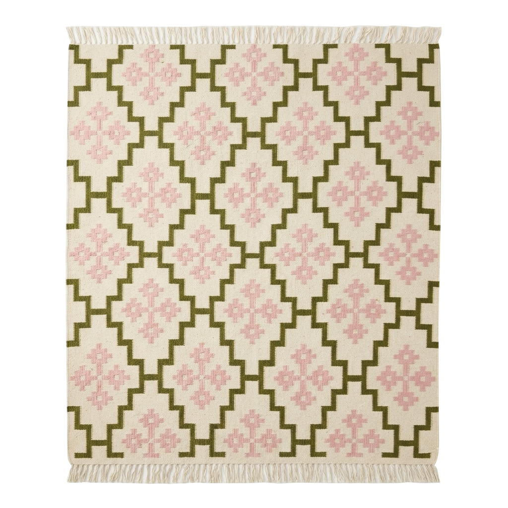 Cream and Olive Green Moroccan Trellis Cotton Flat Weave Rug