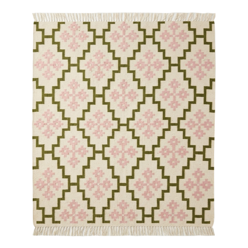 Cream and Olive Green Moroccan Trellis Cotton Flat Weave Rug
