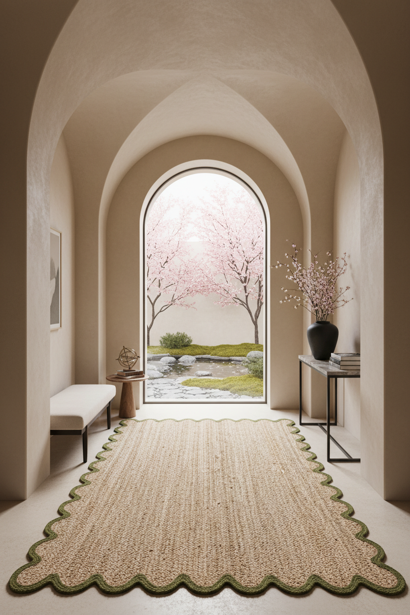 A large woven natural-fiber area rug with a scalloped dark green border is displayed in a serene, modern architectural hallway with arched walls and a window looking out onto pink cherry blossom trees.