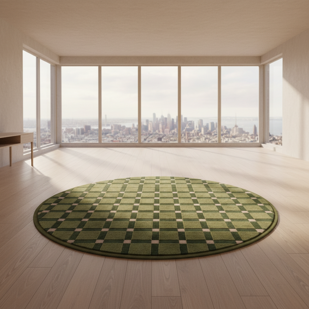 Olive Green Round Hand-Tufted Rug with Pink Windowpane Grid
