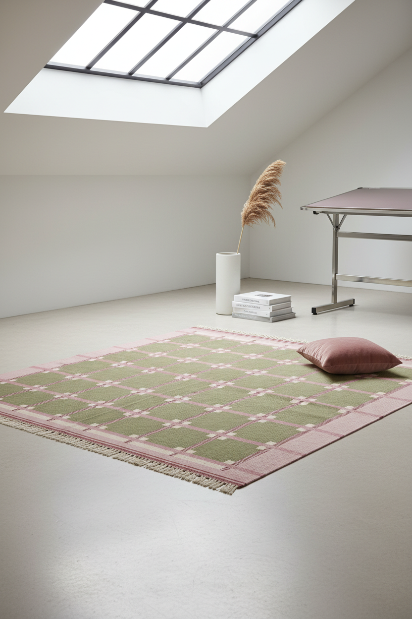 Sage Green Hand-Tufted Rug with Pink Windowpane Plaid