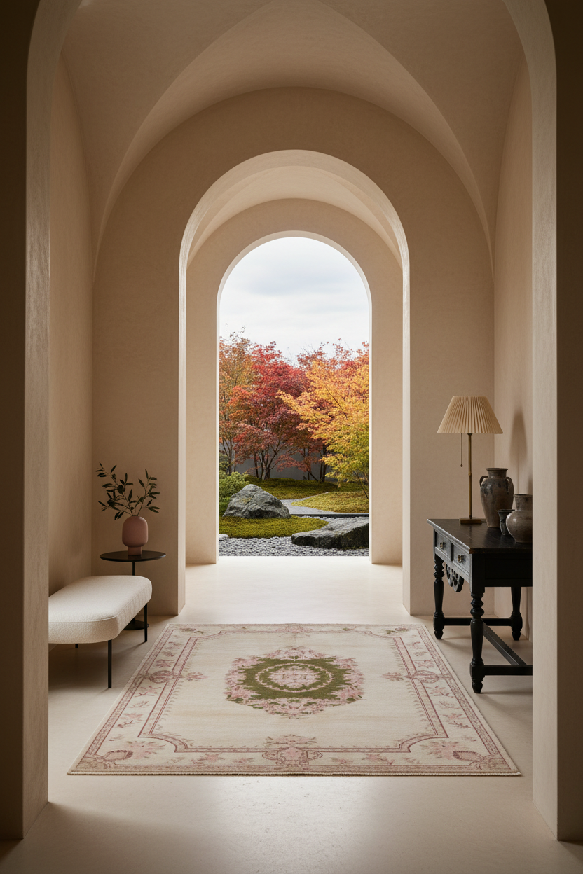 An indoor architectural scene with a large patterned area rug on the floor, leading the eye through arched doorways to an outdoor garden with autumn foliage. The room has warm beige walls, a white upholstered bench, and a dark wood side table with a lamp.