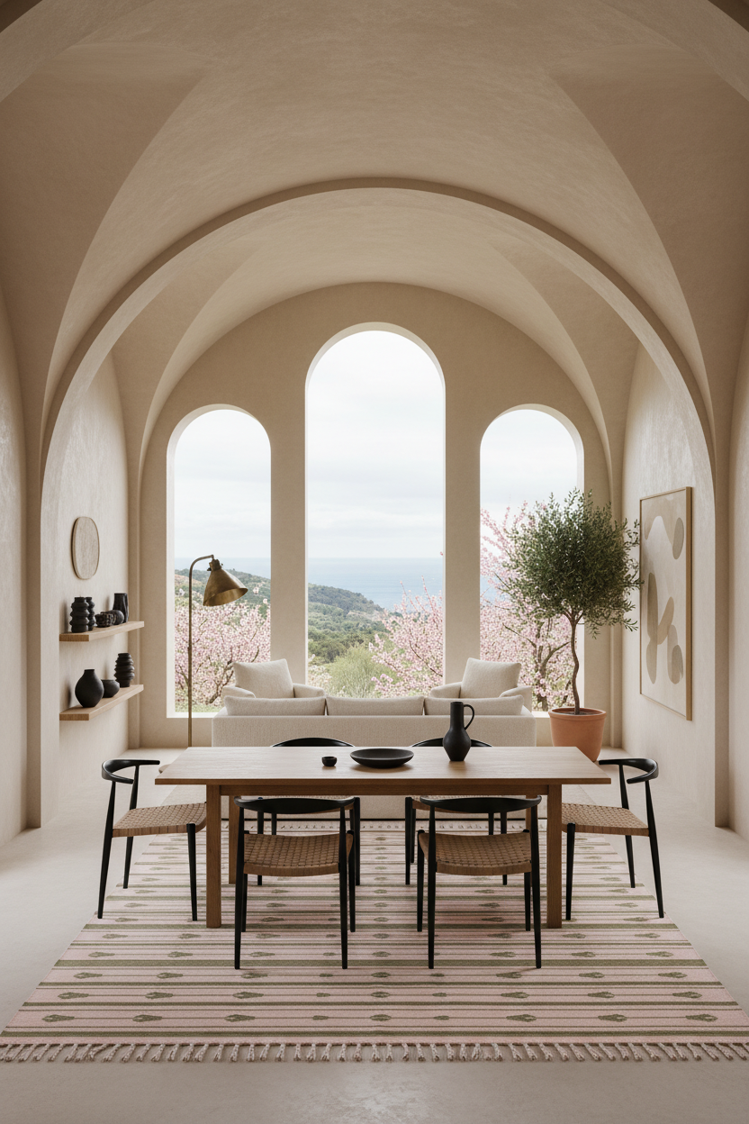 A modern dining room with a rectangular wooden table and four black-framed chairs with woven seats, set on a striped rug in front of three tall arched windows overlooking a landscape.