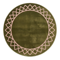 Olive Green Round Hand-Tufted Rug with Cream Trellis Border