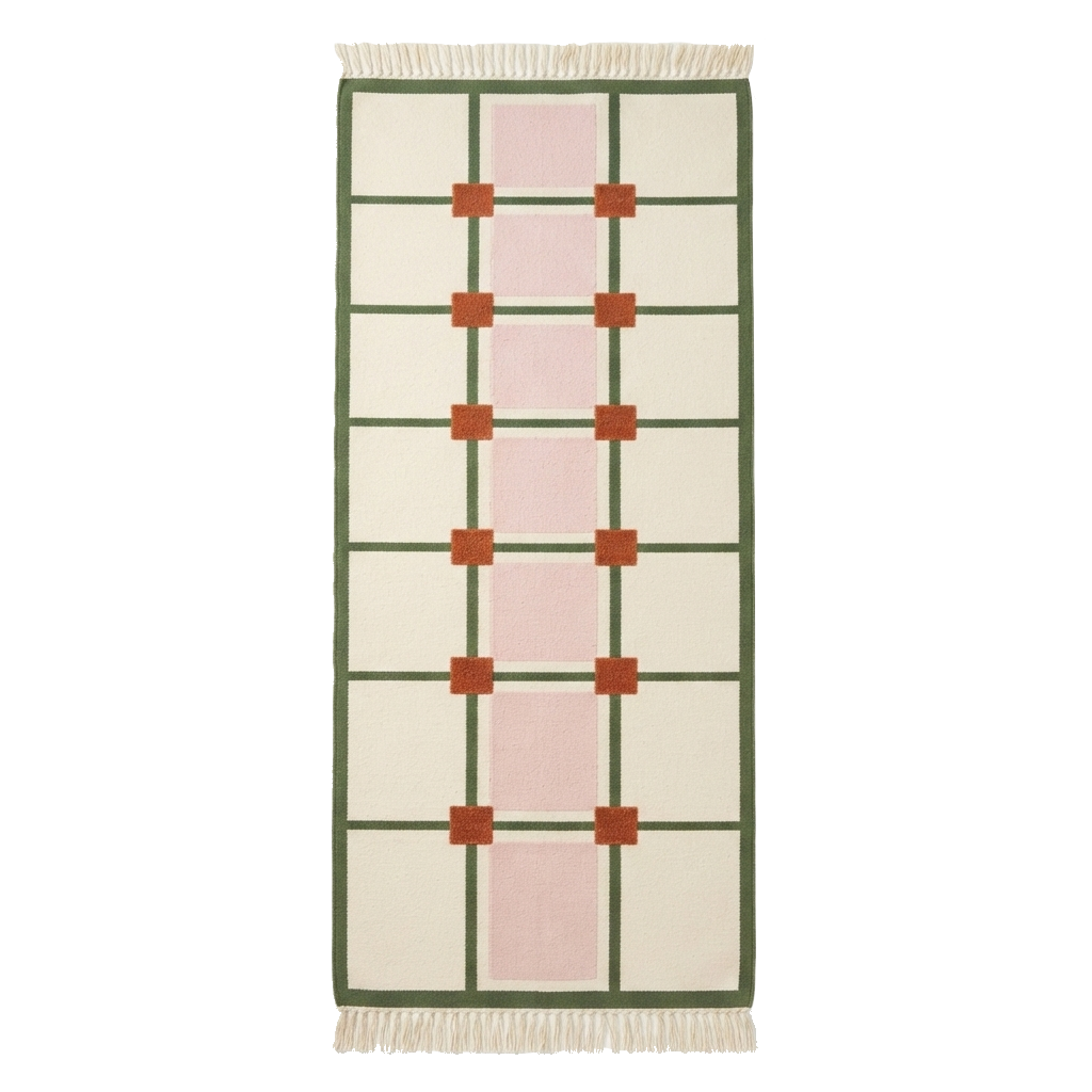 Cream Cotton Flat Weave Runner with Rust and Olive Squares