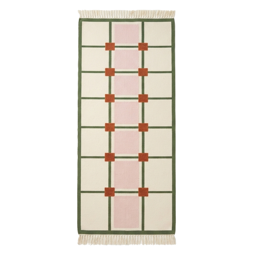 Cream Cotton Flat Weave Runner with Rust and Olive Squares